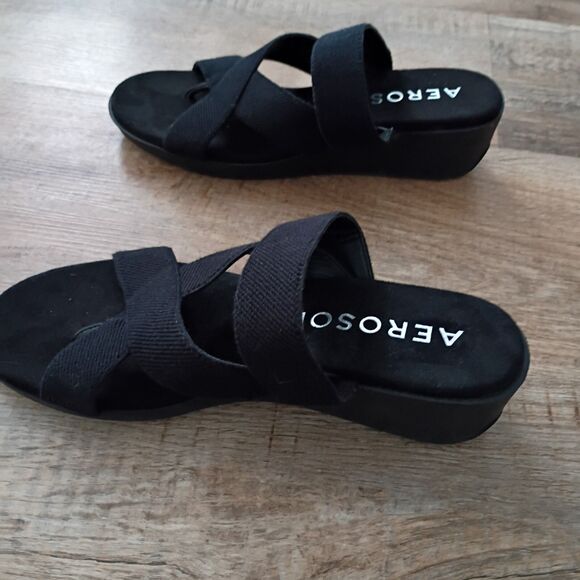 Aerosoles black Ilona Women's Wedge Strappy Cushioned Footbed Sandal 9 Worn Once - Picture 5 of 9